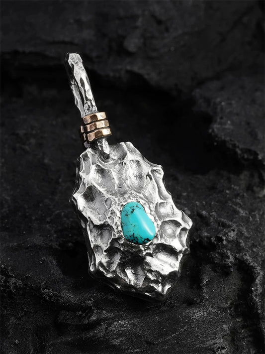 Turquoise dragon-scale shield sterling silver biker pendant, front view