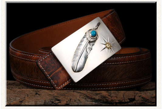 Turquoise Feather Silver Yak Leather Biker Belt — product view
