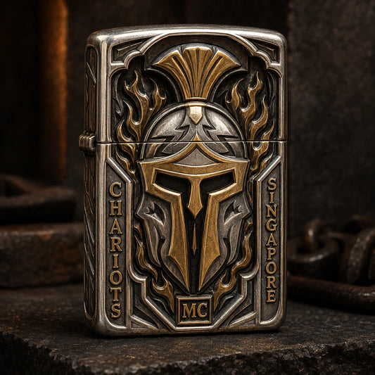 Two-metal silver and brass motorcycle club lighter built around an authorized emblem