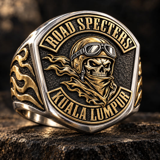 Two-Metal Rings designed from an authorized motorcycle club emblem in 925 Sterling Silver + Brass natural metal tones.