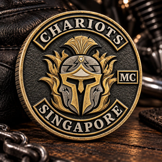 Two-tone motorcycle club challenge coin combining silver and brass finishes.