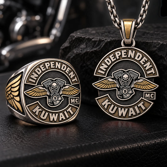 Two-tone motorcycle club jewelry combining natural silver and brass colors in layered solid metal.