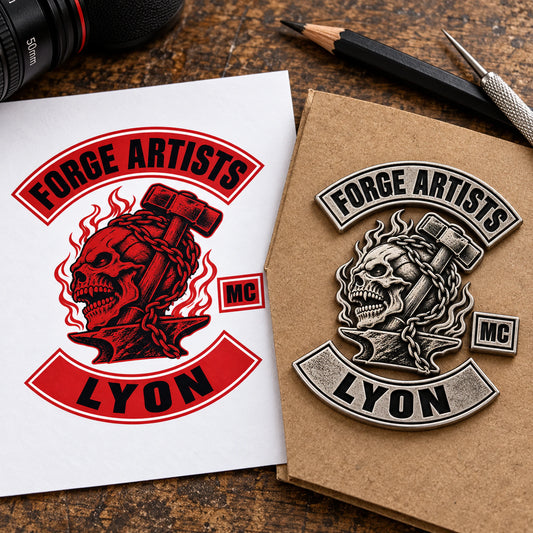 Printed FORGE ARTISTS club artwork beside its matching sculpted 3D metal pin.