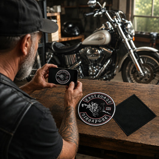 A rider photographs authorized club artwork beside a blank diamond flag fabric sample on a garage workbench.