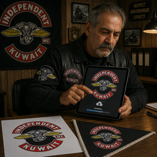 A motorcycle club member uploads approved logo artwork for a custom triangle flag from the clubhouse office.