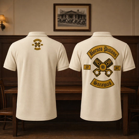 Two cream Borneo Distons polos compare a small upper back collar mark with a separate large back logo treatment.