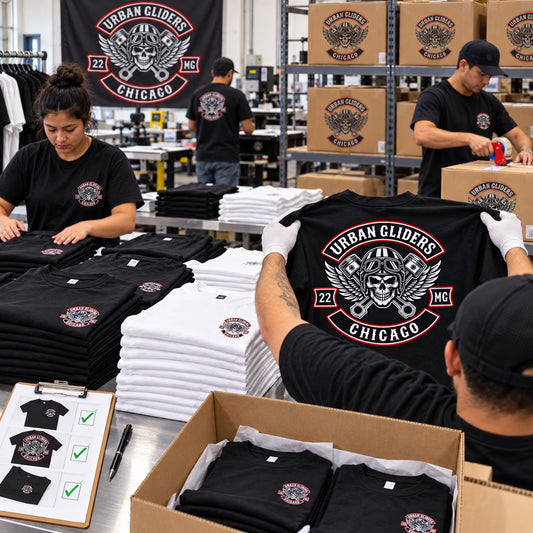 Urban Gliders custom club T-shirts inspected, folded and packed for shipping.