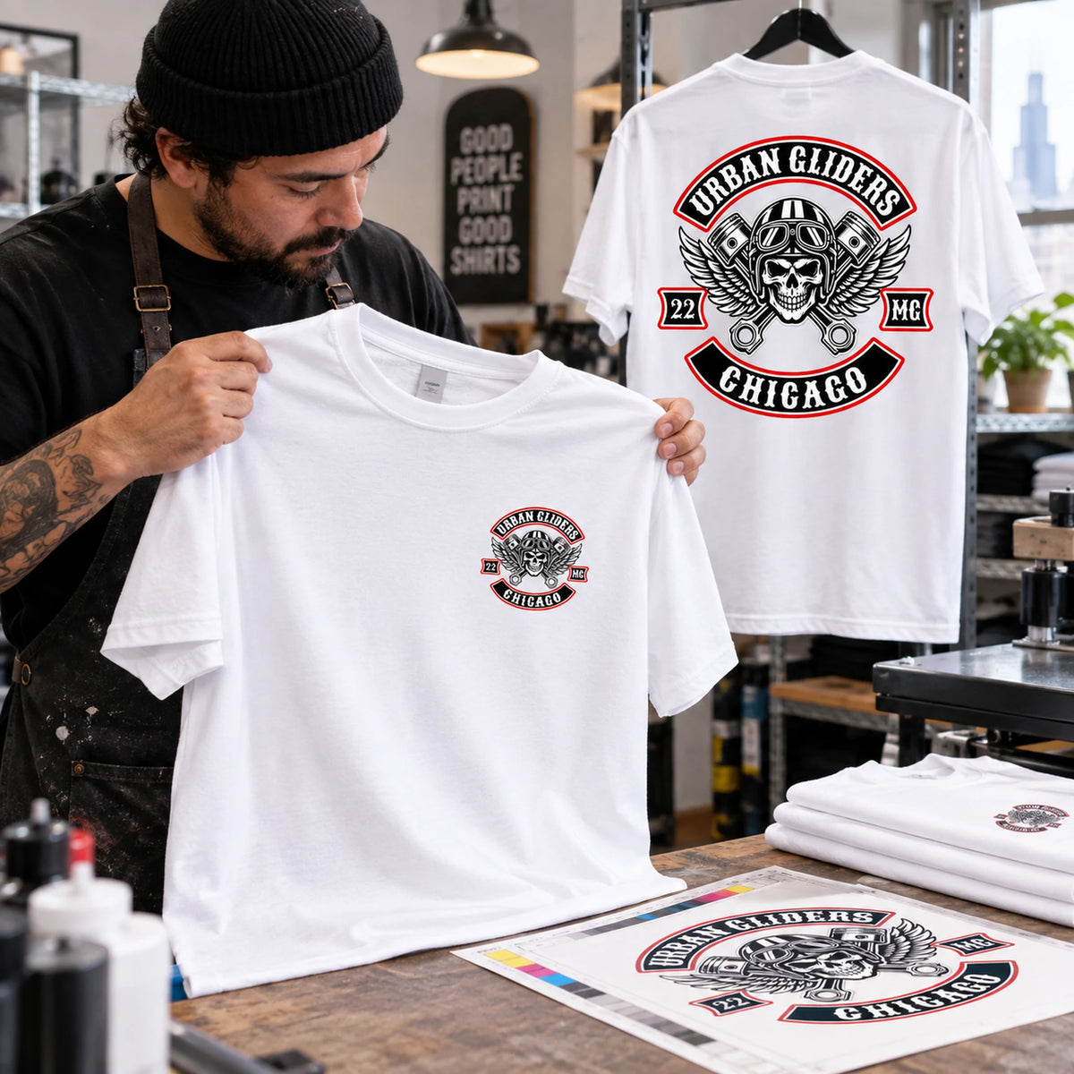 Urban Gliders white custom club T-shirts inspected in a professional print workshop.