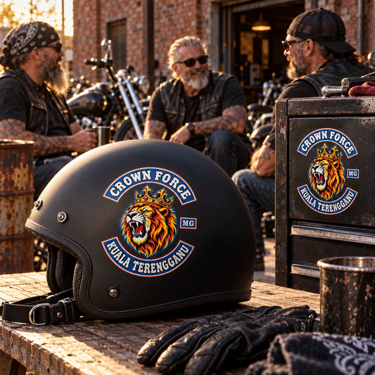 Mature V-twin riders outside a brick clubhouse with a custom club sticker on a black helmet and tool cabinet.