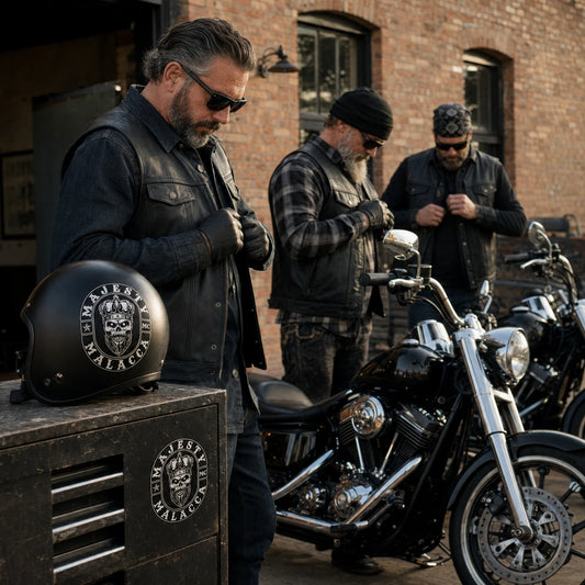 Mature V-twin riders outside a brick clubhouse with a custom club sticker on a black helmet and tool cabinet.