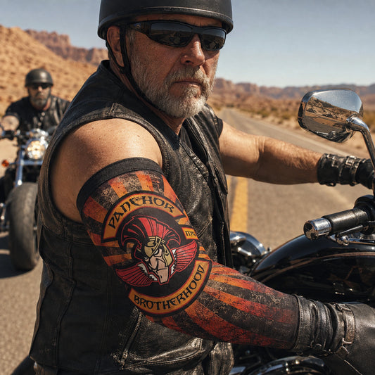 Motorcycle club rider wearing a removable arm sleeve for added sun coverage