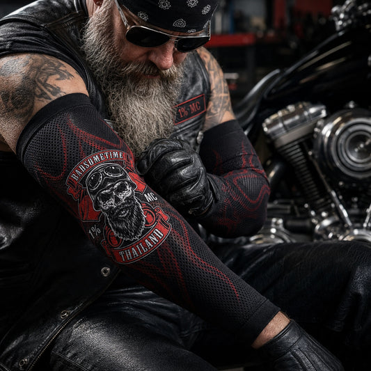 Breathable mesh construction detail on a removable motorcycle club arm sleeve
