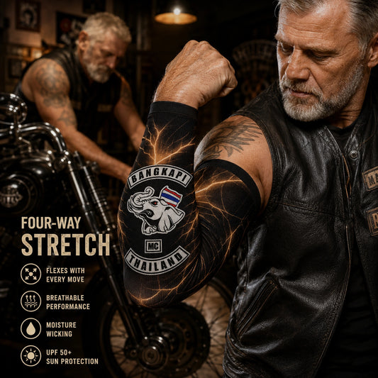 Four-way stretch motorcycle club arm sleeve shown flexing at the elbow