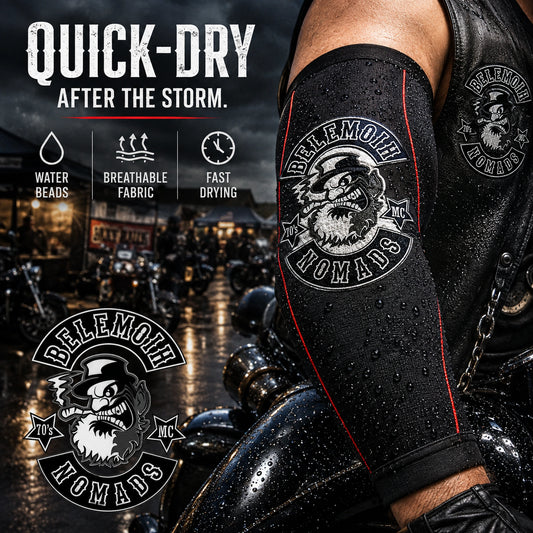 Quick-dry motorcycle club arm sleeve after wet riding conditions