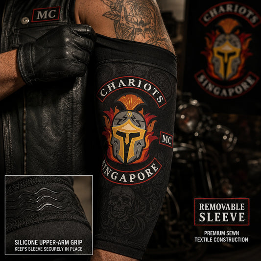 Silicone upper-arm grip detail inside a removable motorcycle club sleeve