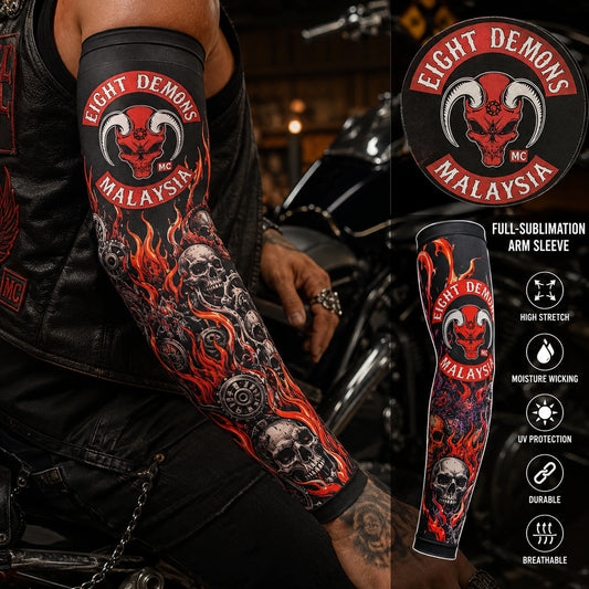 Full-sublimation motorcycle club arm sleeve with detailed full-coverage artwork