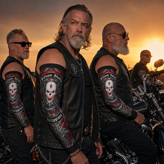 Motorcycle club arm sleeves coordinated in black red and aged-silver club colors