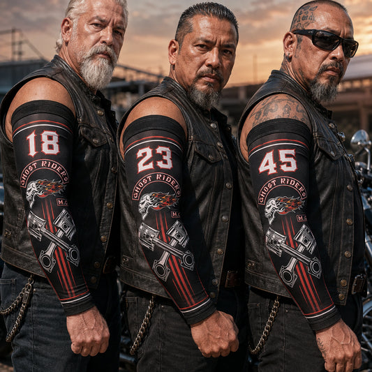 Different member numbers on coordinated motorcycle club arm sleeves