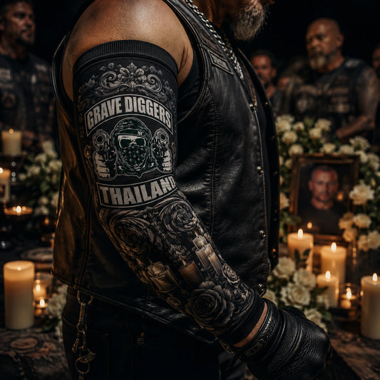 Respectful anniversary and memorial artwork on a motorcycle club arm sleeve