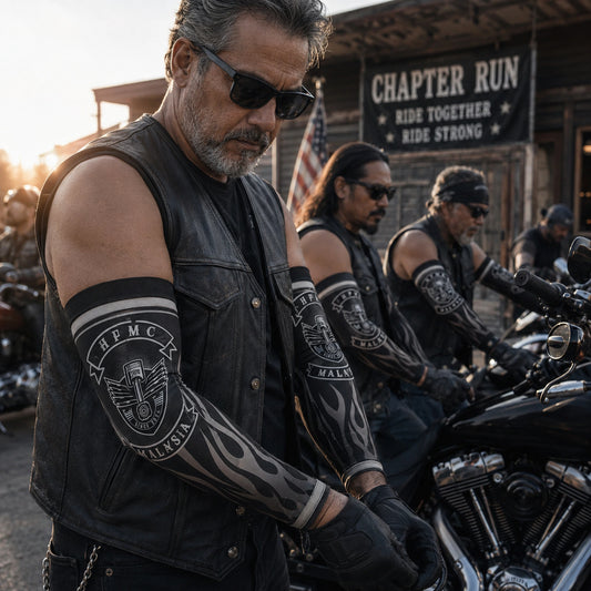 Motorcycle club members wearing matching removable arm sleeves before a chapter run