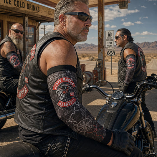 Club riders wearing full-coverage arm sleeves at a desert highway stop