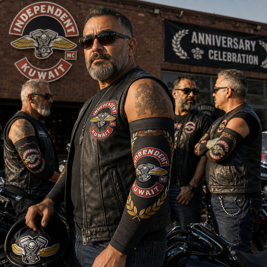 Motorcycle club anniversary event with members wearing custom arm sleeves