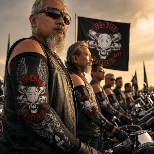 Respectful memorial ride lineup with coordinated motorcycle club arm sleeves