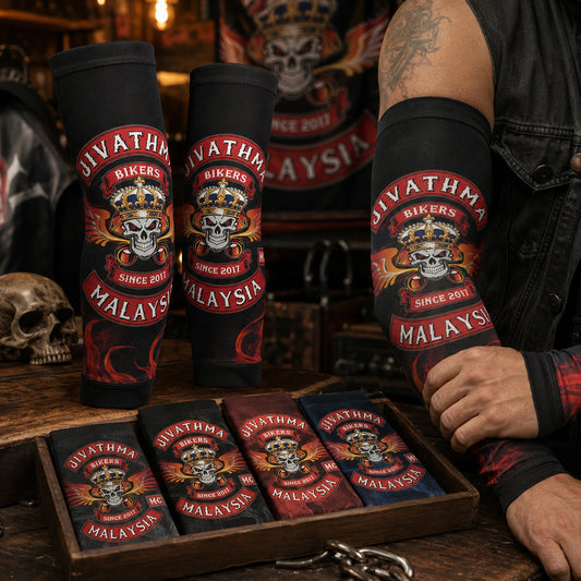 Standalone motorcycle club arm sleeves displayed as club merchandise