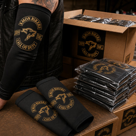 Finished motorcycle club arm sleeves packed for worldwide shipping