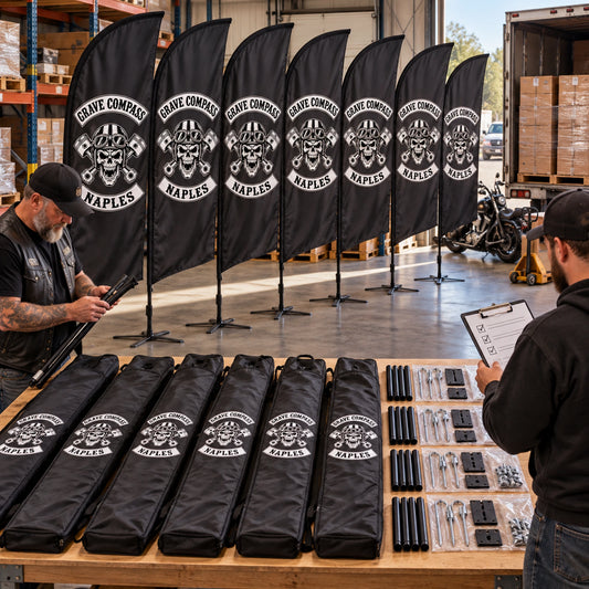 Bulk Club Orders: custom motorcycle club feather flag shown in warehouse crew checking a large club order before dispatch.