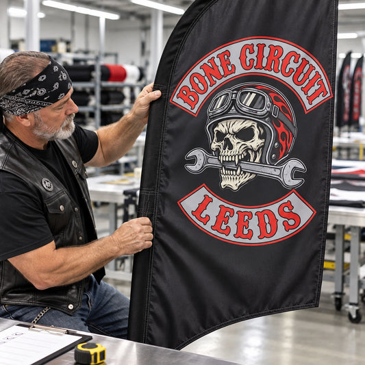 Bulk Order Support: custom motorcycle club feather flag shown in chapter quartermaster arranging labeled hardware kits on a shipping table.