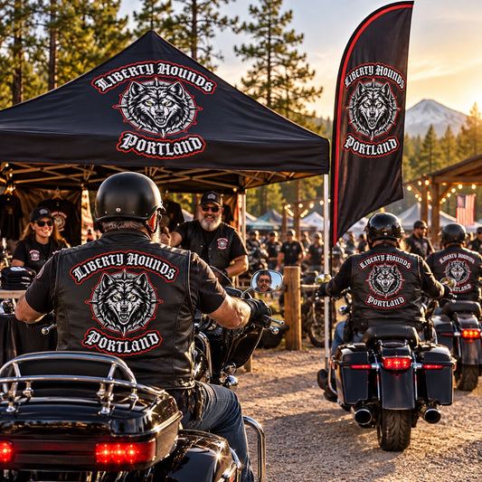 Motorcycle Rallies: custom motorcycle club feather flag shown in chapter welcome tent at a crowded regional rally with touring riders arriving.