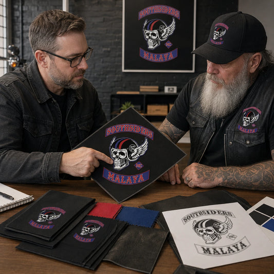 A designer and motorcycle club rider compare a digital diamond flag layout with physical fabric swatches.