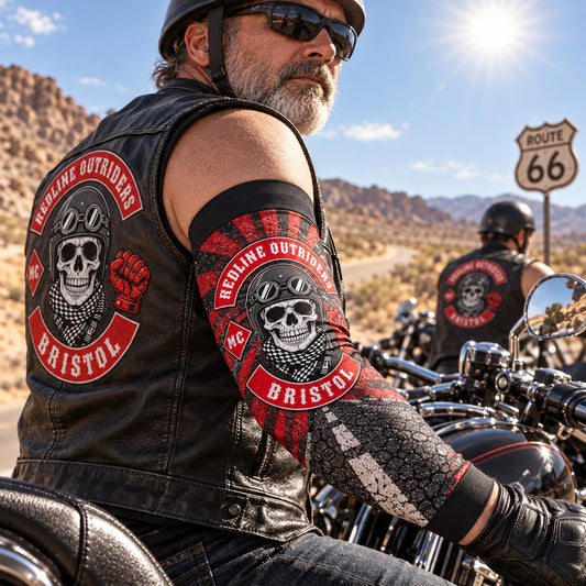 Motorcycle club rider wearing a removable arm sleeve for added sun coverage