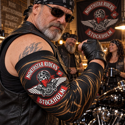 Four-way stretch motorcycle club arm sleeve shown flexing at the elbow