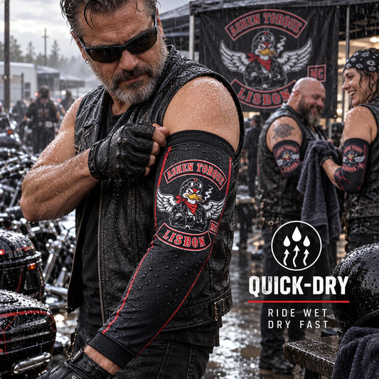 Quick-dry motorcycle club arm sleeve after wet riding conditions