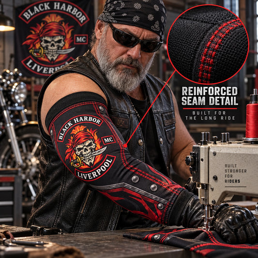 Reinforced seam detail on a standalone motorcycle club arm sleeve