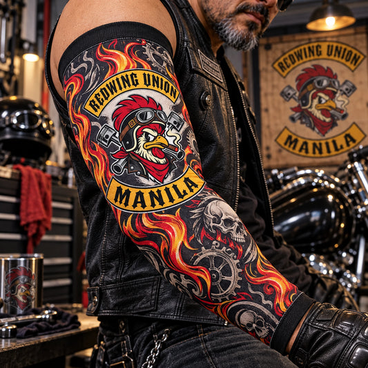 Full-sublimation motorcycle club arm sleeve with detailed full-coverage artwork