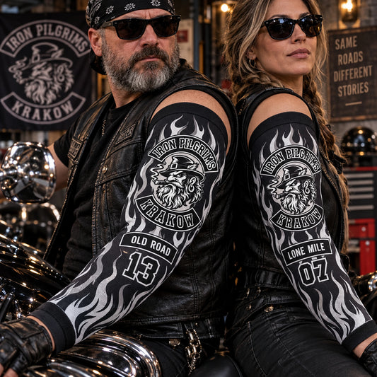 Personalized road names and member numbers on matching club arm sleeves
