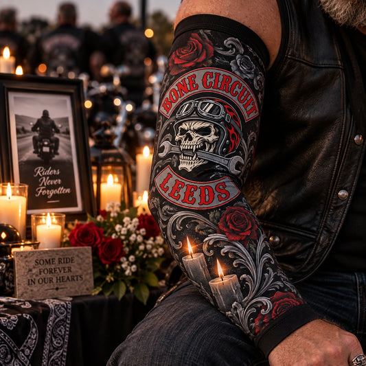 Respectful anniversary and memorial artwork on a motorcycle club arm sleeve