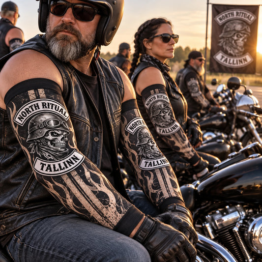 Motorcycle club members wearing matching removable arm sleeves before a chapter run