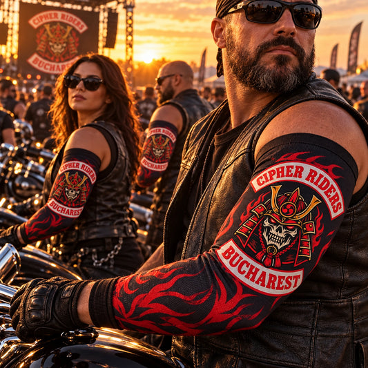 Custom motorcycle club arm sleeves worn at a sunset motorcycle rally