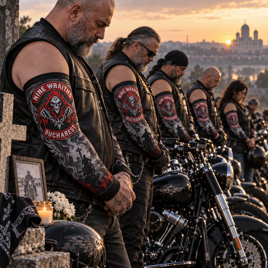 Respectful memorial ride lineup with coordinated motorcycle club arm sleeves