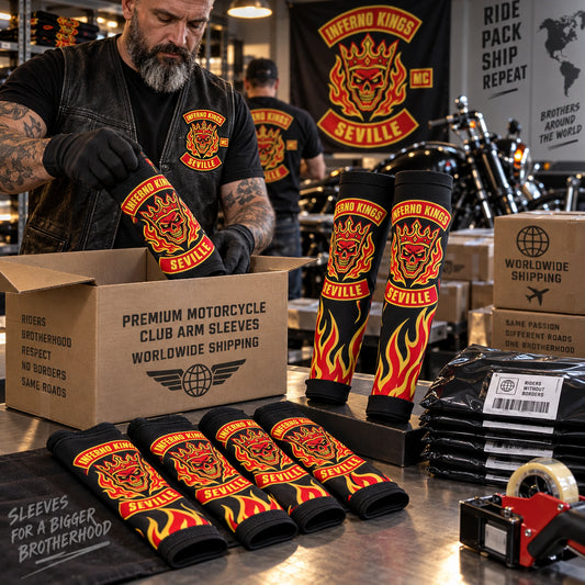 Finished motorcycle club arm sleeves packed for worldwide shipping