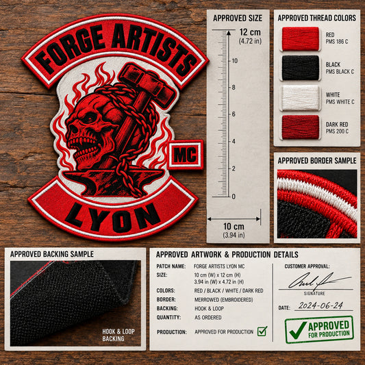 Motorcycle club order step three approved patch details featuring the authorized Forge Artists Lyon identity in a approval table with sample size threads border and backing.