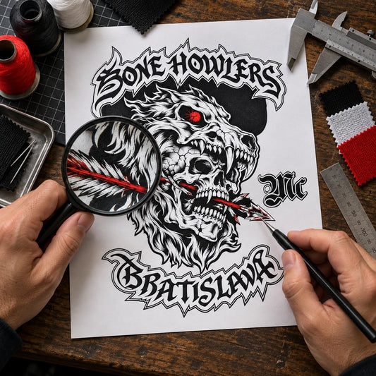 Original motorcycle club logo inspected for emblem, lettering, borders and color placement.