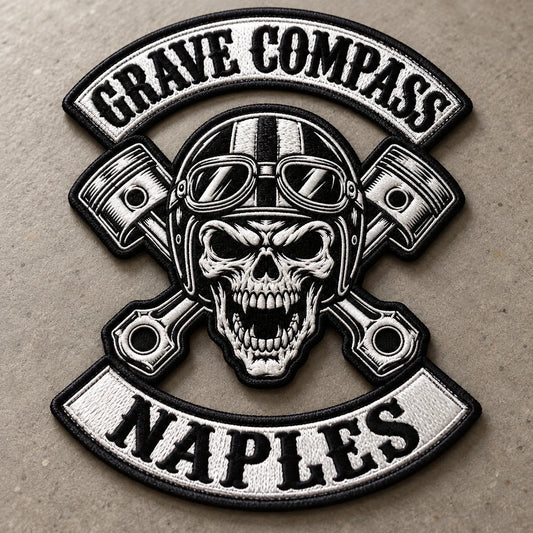 AI concept of a large embroidered motorcycle club center back patch.
