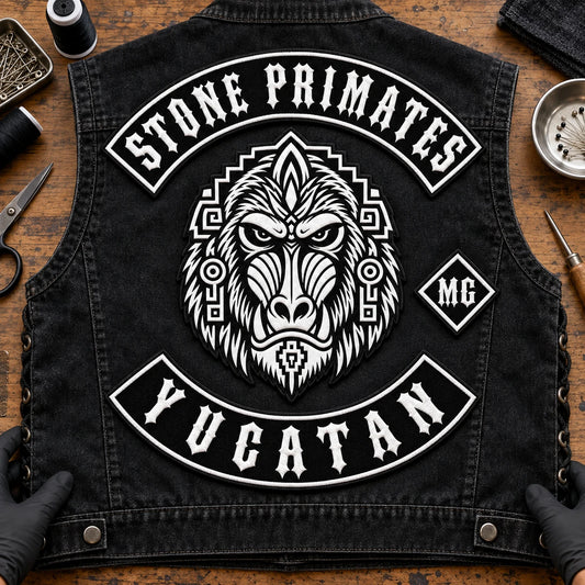 Custom motorcycle club center patch with coordinated top and bottom rockers.