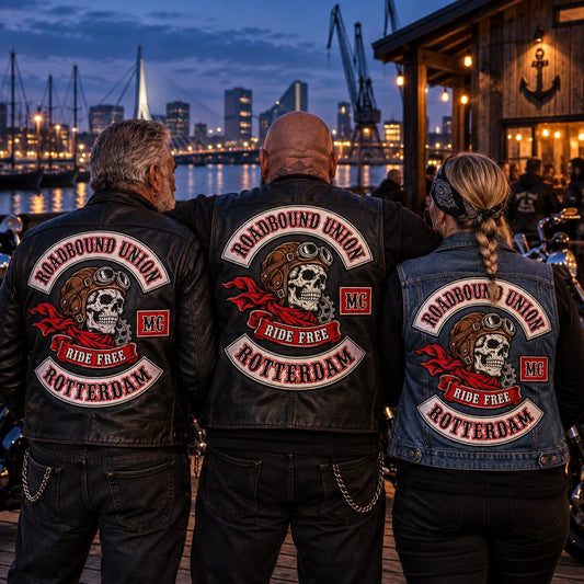 AI concept of matching motorcycle club back patches for chapter and repeat orders.