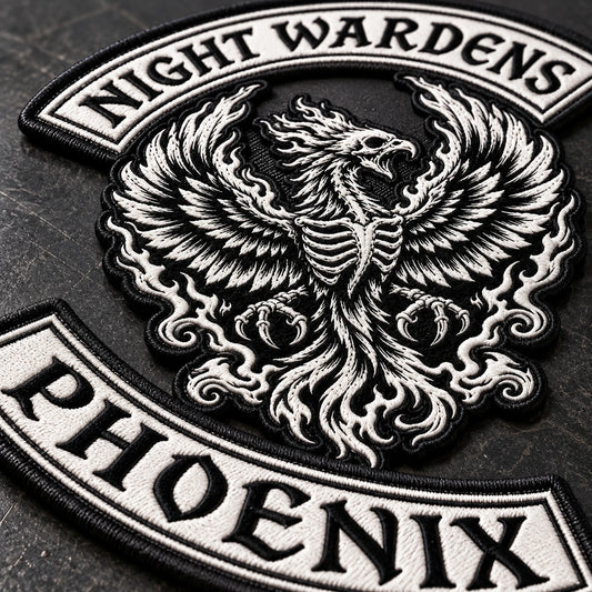 Clean finished border on a shaped motorcycle club back patch.